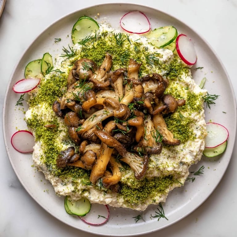Golden sautéed mushrooms mingle with herb moss breadcrumbs on this Cottagecore Savory Platter, ready to eat.