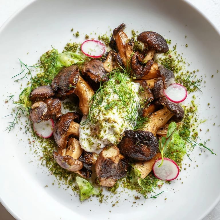 Imagine a Cottagecore Mushroom and Moss Savory Platter featuring fresh herbs, wild mushrooms, and rustic garnishes.