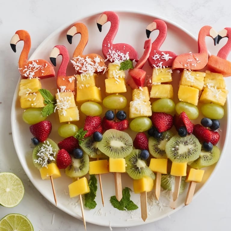 A close-up of a colorful Flamingo Fruit Skewer Platter, perfect for a refreshing vegan appetizer or dessert option.