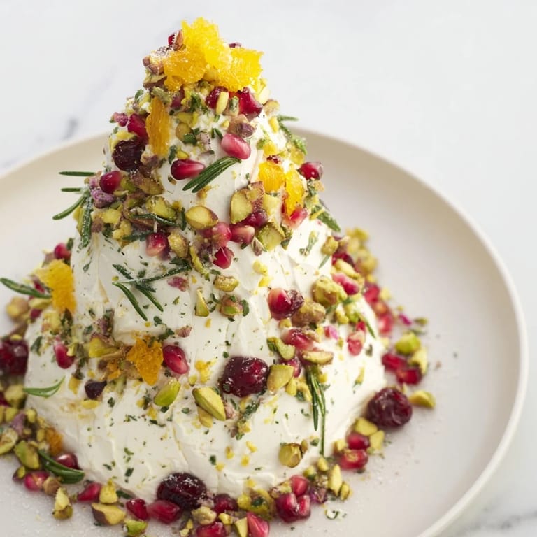 This creamy Rosemary Cranberry Christmas Tree is garnished with fresh rosemary sprigs and bright pomegranate seeds.