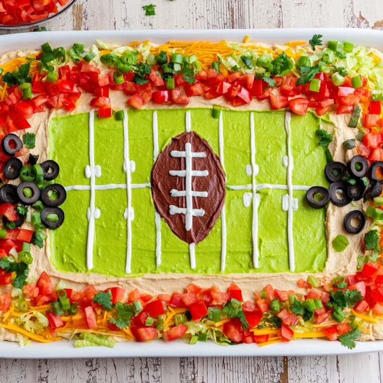 Delicious Football Field Dip platter featuring a layered arrangement of cheese, salsa, and fresh vegetables.
