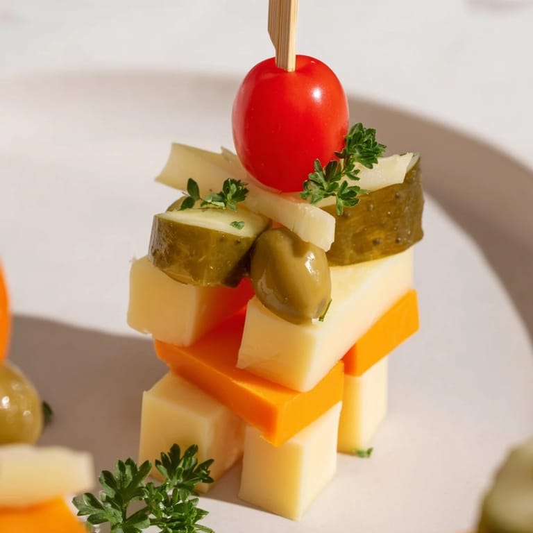 A visually appealing Festive Cube Cheese Stack with colorful cheese, olives, and tomatoes ready to eat.