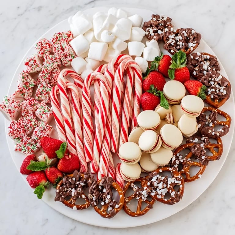 Festive Candy Cane Dessert Platter features an assortment of sweets, including peppermint bark and macarons.