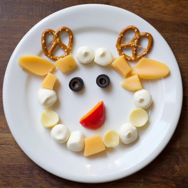 Imagine a fun and colorful Cheesy Reindeer Face Platter with crackers, cheese, and veggie decorations.
