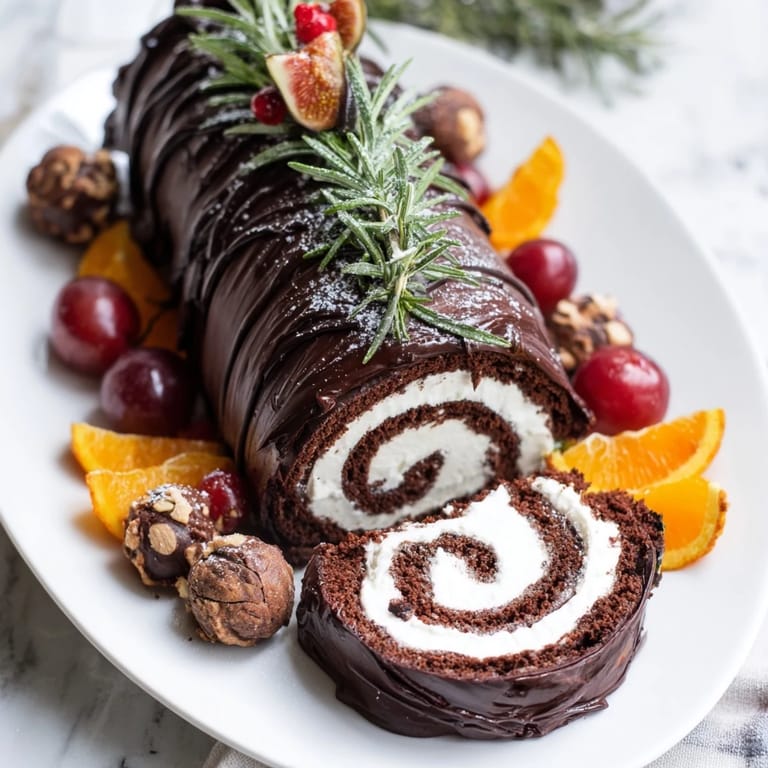Delectable Winter Warmer Fireplace Log Dessert Board with a dark chocolate roulade, candied oranges, and roasted chestnuts.