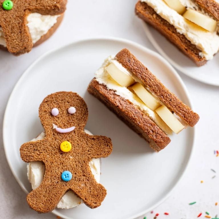 Sweet cream cheese filling flows from gingerbread man sandwich cutouts, topped with apple slices for a fun snack.