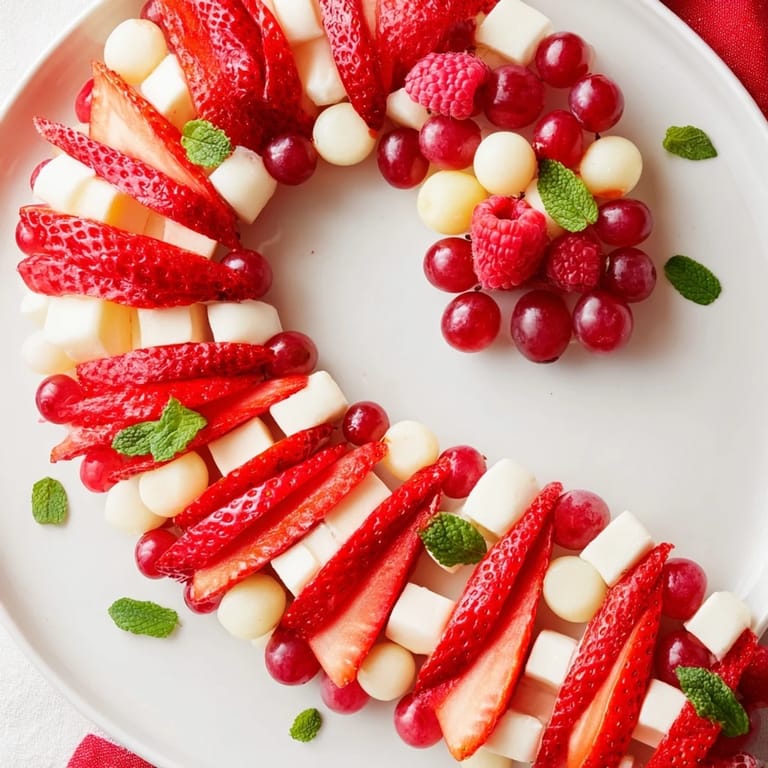 Close-up of a colorful Candy Cane Stripe Fruit and Cheese display perfect for holiday entertaining.