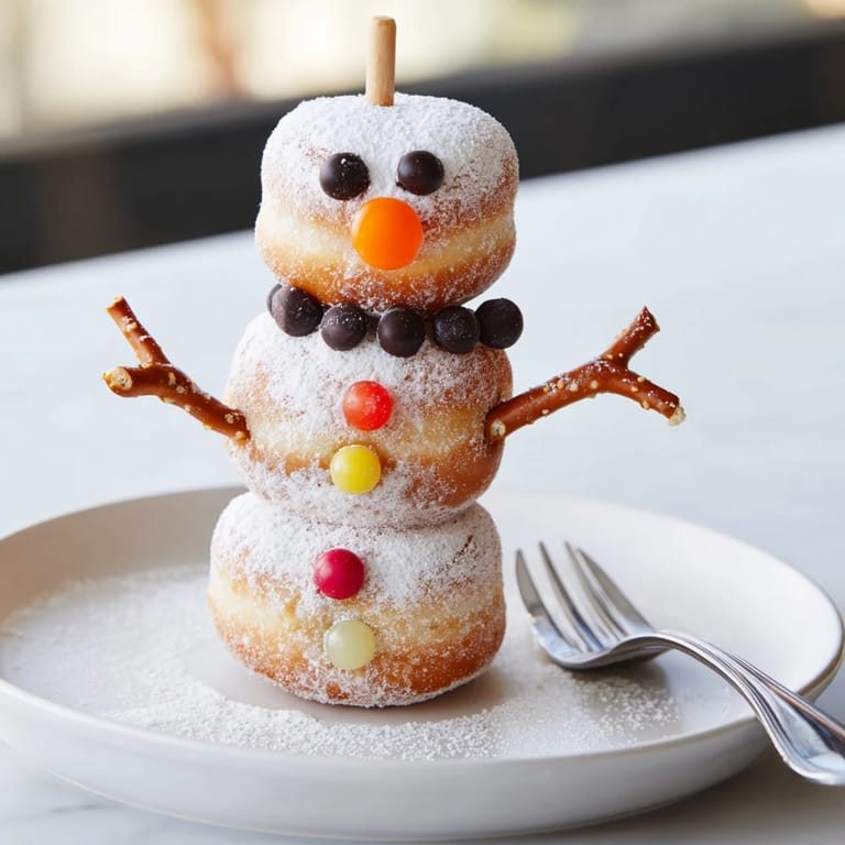 Sweet and simple: a cheerful photo of finished mini donut snowman treats, ready to serve and enjoy.