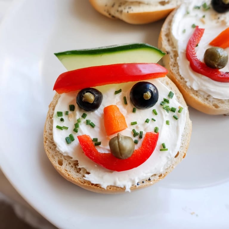 These adorable snowman mini bagel sandwiches are decorated with colorful veggie scarves and carrot noses.