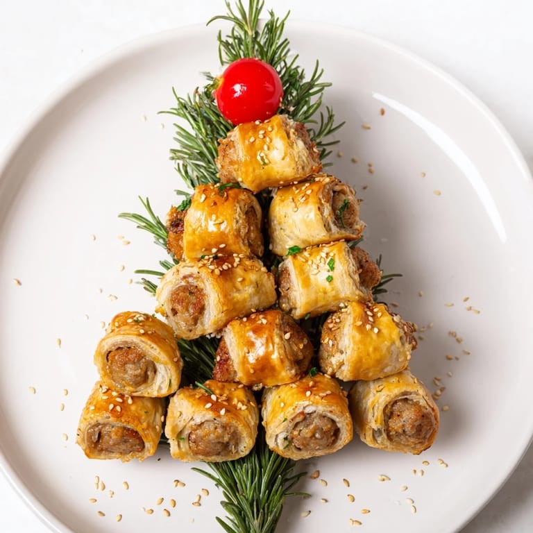 Flaky puff pastry filled with savory sausage, forming a festive mini sausage roll Christmas tree.