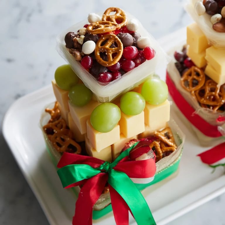 This Stacked Christmas Gift Snack Tower features layers of festive treats tied with pretty holiday ribbon.