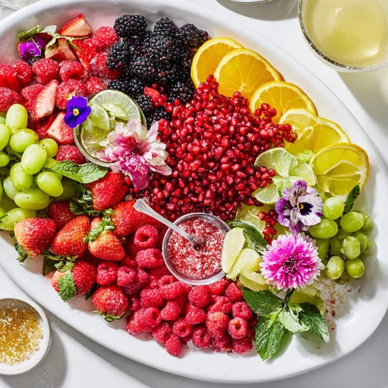A colorful Bubbly Bar Garnish Platter overflowing with juicy fruits, herbs, offering bubbly cocktail inspiration.
