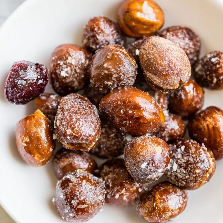Close-up of a festive sweet and salty holiday nut bowl bursting with color and delicious textures.