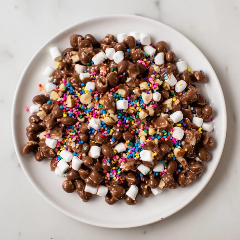 A close-up of a delightful Quick Dessert: Chocolate Chips and Mini Marshmallows Heap, melted and appealing, ready in minutes.