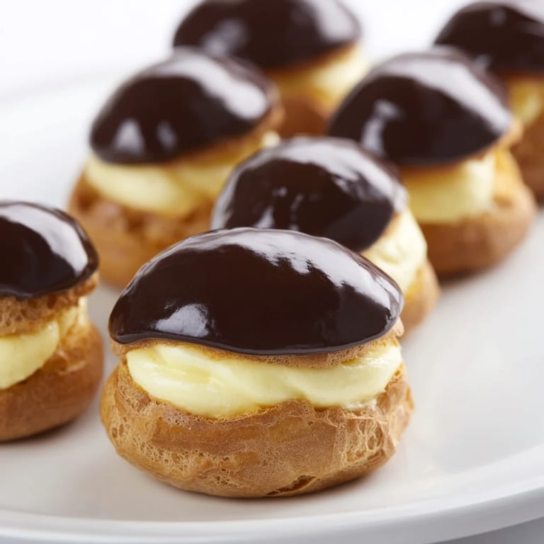 Close-up of golden-brown mini chocolate éclairs, showcasing the elegant dessert presentation.