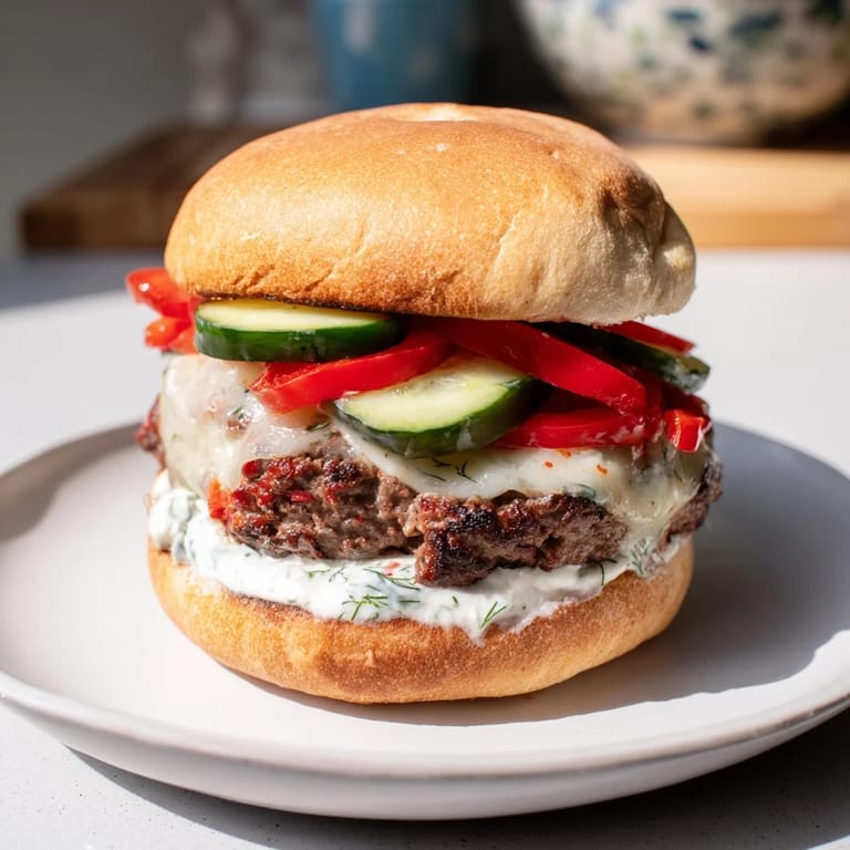 A close-up of a delicious Fire & Ice Burger: a spicy treat with a creamy yogurt drizzle.