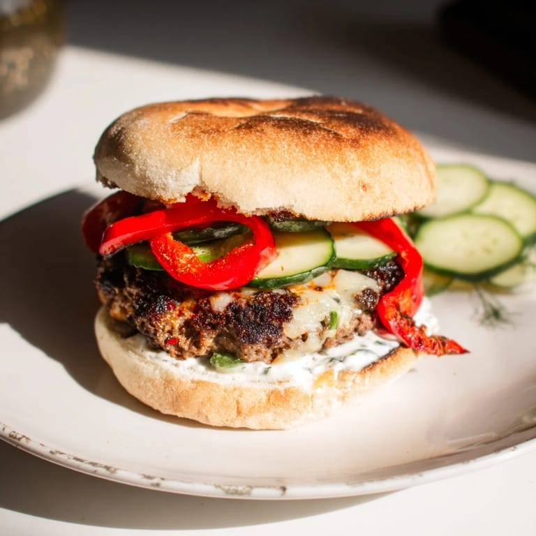 Juicy Fire & Ice Burger topped with pepper-jack and fresh cucumber, ready to serve right away.