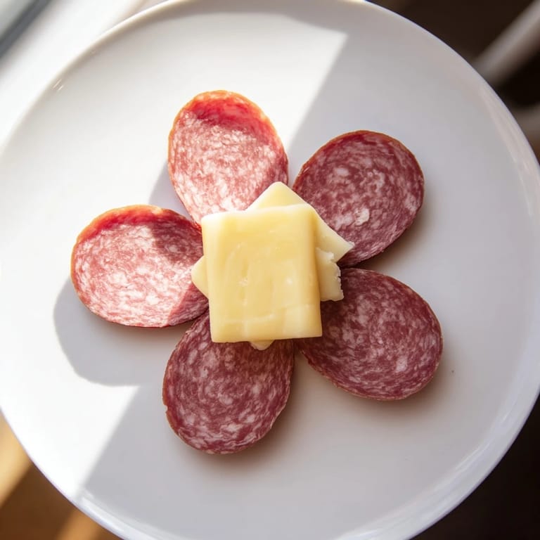 Delectable and easy Tudor Rose appetizer featuring overlapping salami slices and a cheese center.