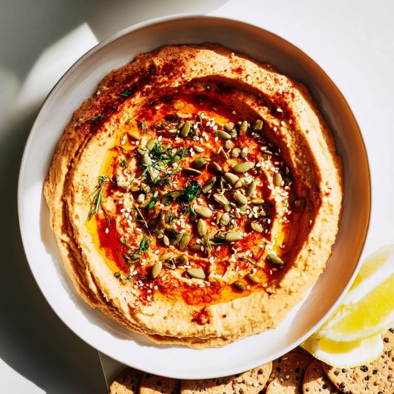 Enjoy a layered Sandstone Canyon appetizer: savory hummus and cracker "canyon" with fresh parsley and sesame seeds.