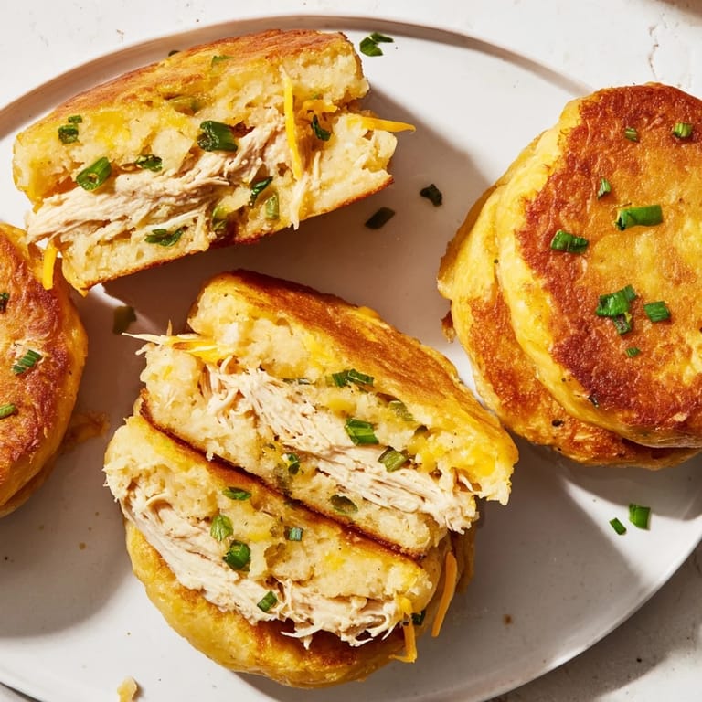 Close-up of freshly fried Potato and Chicken Cakes, a hearty and satisfying main course, ready to serve.