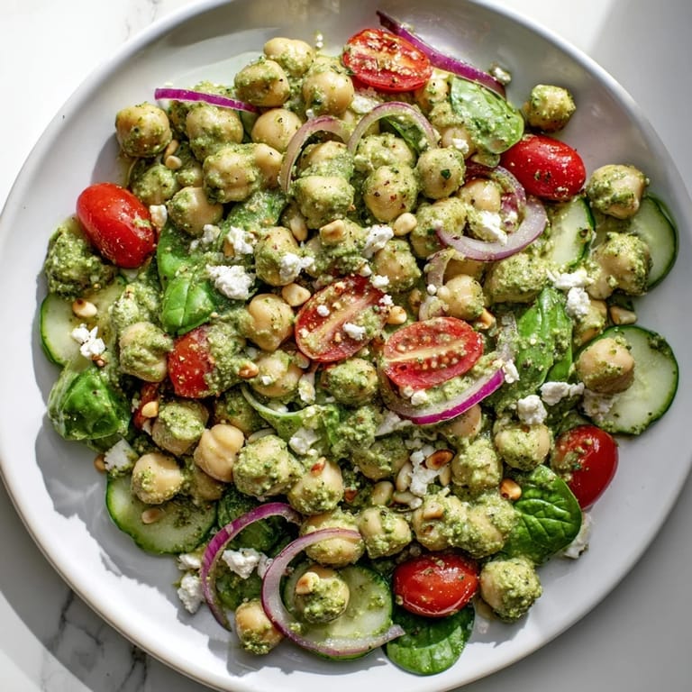 This pesto chickpea and spinach salad showcases bright red tomatoes, creamy chickpeas, and crumbled feta cheese ready to eat.