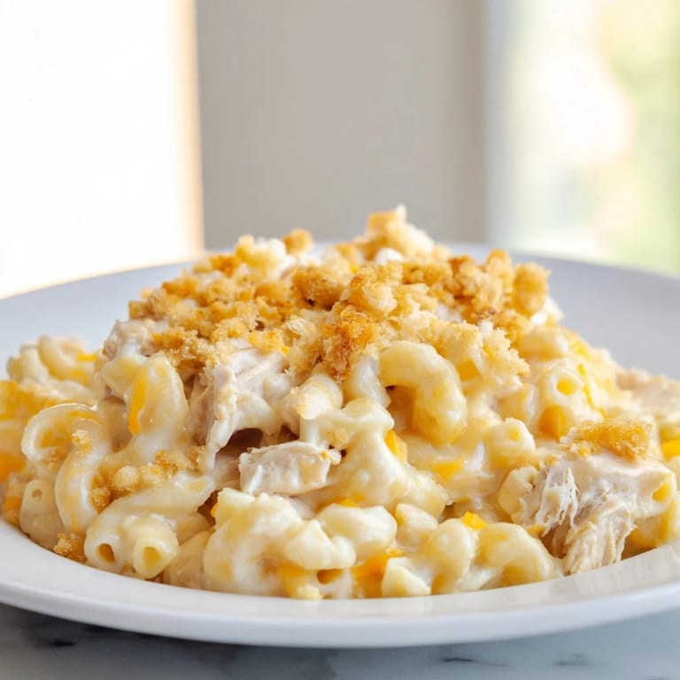 Creamy homemade cheese covers tender macaroni and flaky chicken in this easy Struggle Meal Chicken Macaroni recipe.