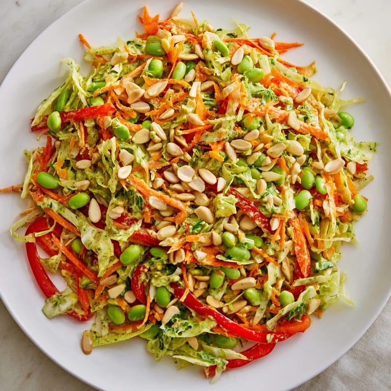 Close-up of a colorful bowl of Crunchy Cabbage and Edamame Salad, perfect for a light lunch.