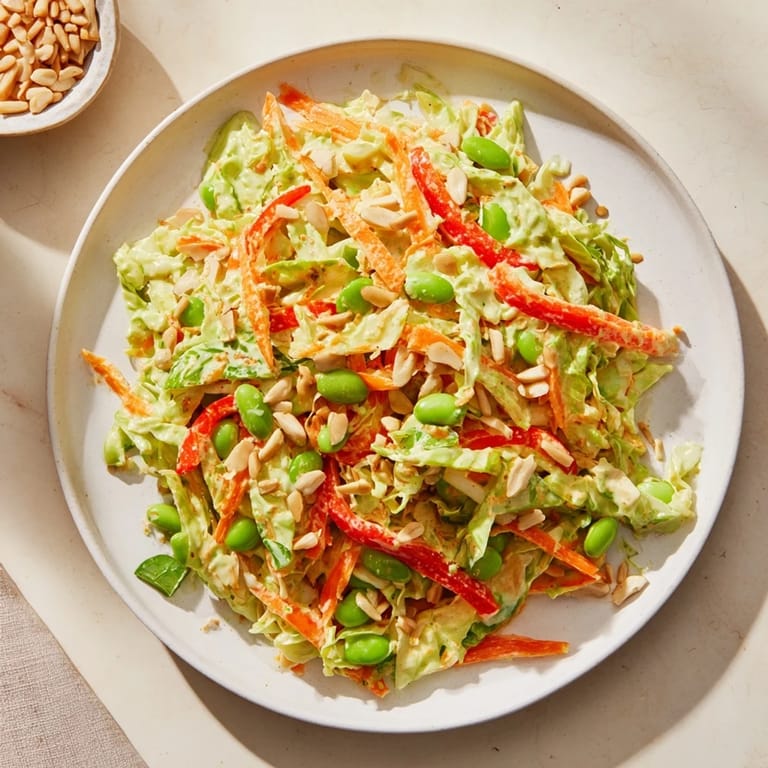 Bright, refreshing Crunchy Cabbage and Edamame Salad, scattered with crunchy seeds and toasted almonds.