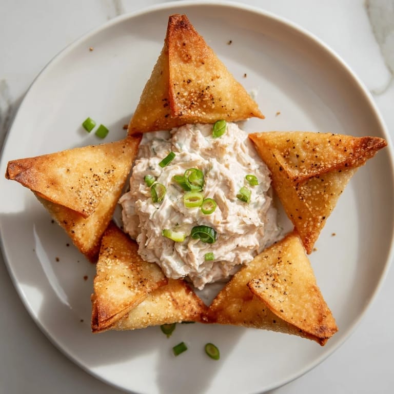 A close-up of crispy Air Fryer Lumpia Chips surrounded by a rich, creamy chicken dip ready to eat.