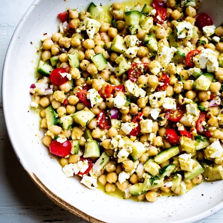 Enjoy a delicious Mediterranean Chickpea and Feta Bowl, smelling the fragrant oregano and zesty lemon dressing.
