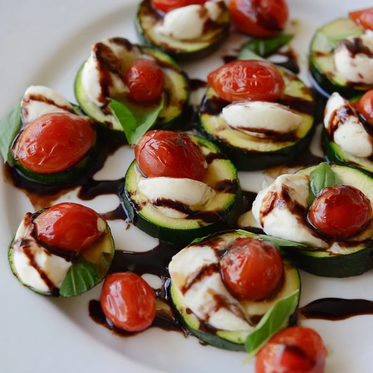 Vibrant Zucchini Caprese Bites: a beautiful Italian appetizer with fresh basil atop mozzarella and tomatoes.