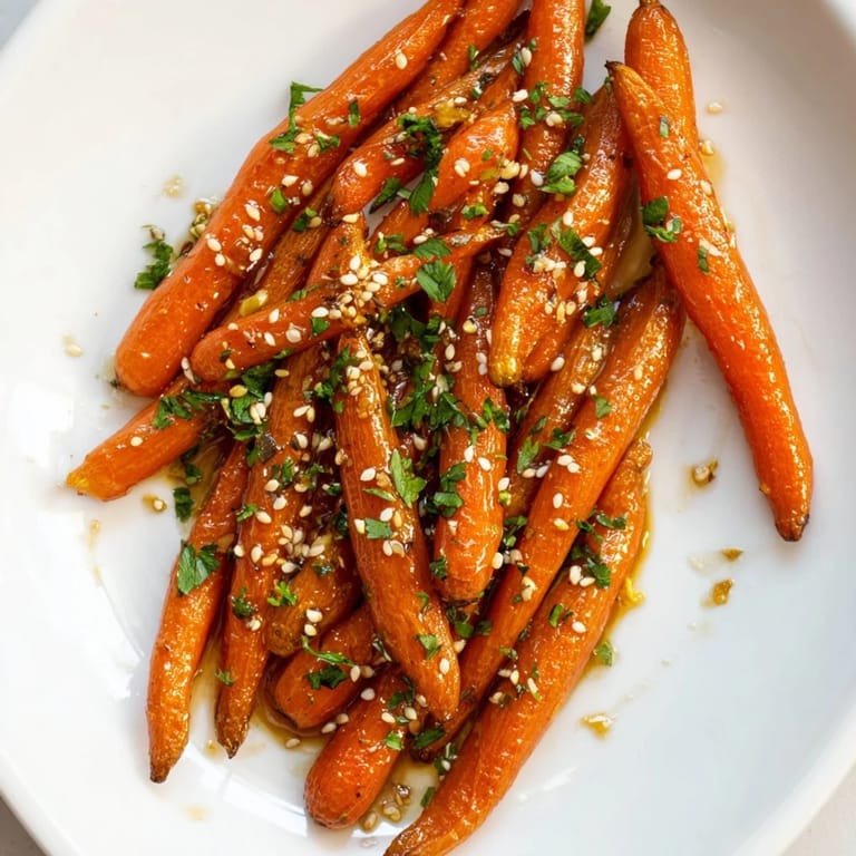 Tender honey soy roasted carrots with sesame seeds offer a sweet and savory, visually appealing side.