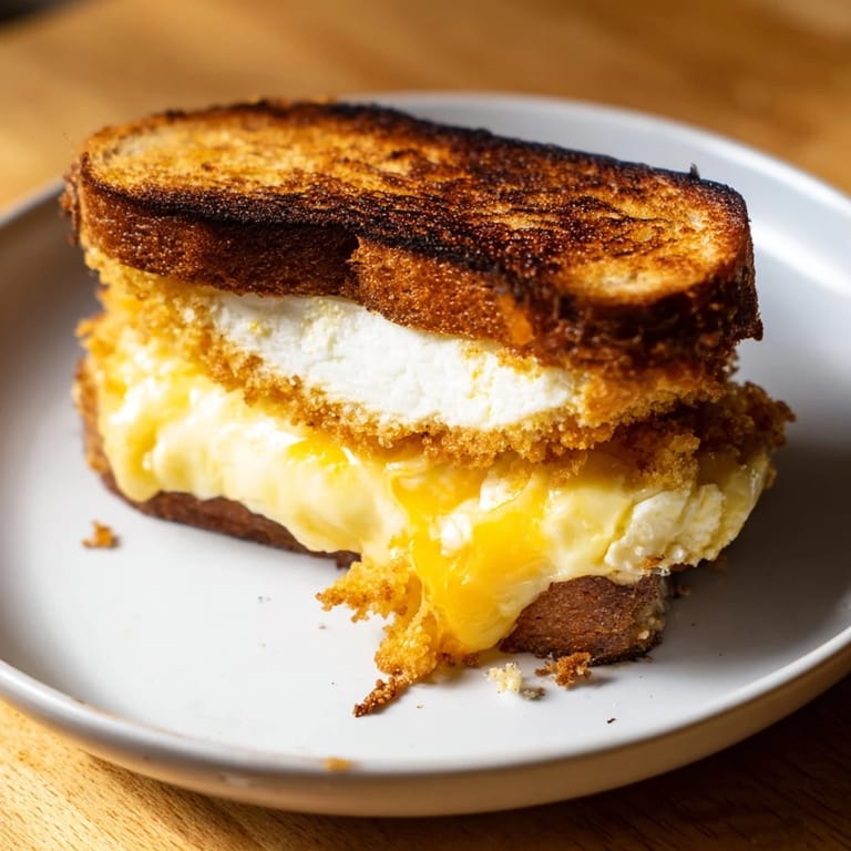 Melted cheese oozes from a feta fried eggs grilled cheese, a warm and comforting American sandwich.