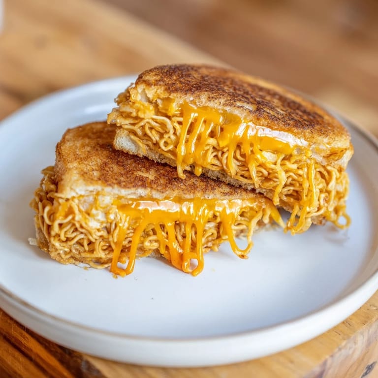 Crispy Instant Ramen Grilled Cheese with a spicy kick, showcasing cheese pull and perfect texture.