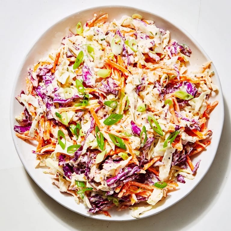 Enjoy a delightful bowl of Quick Coleslaw Salad with a smooth, cool texture alongside your favorite grilled dishes.