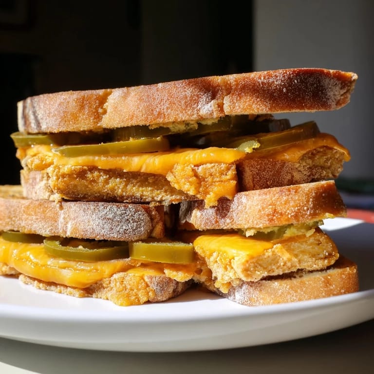 Perfectly toasted sourdough holding a delicious spicy crispy tofu grilled cheese overflowing with flavorful fillings.