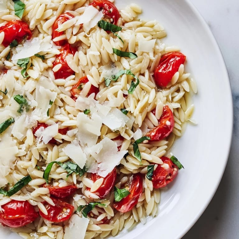 A close-up shot of steaming Orzo Tomato Parmesan, a comforting vegetarian Italian meal.