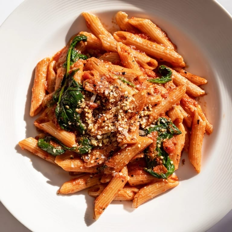 Delicious Quick Marinara Pasta with Spinach, vibrant red sauce coating perfectly cooked pasta, and fresh green spinach.