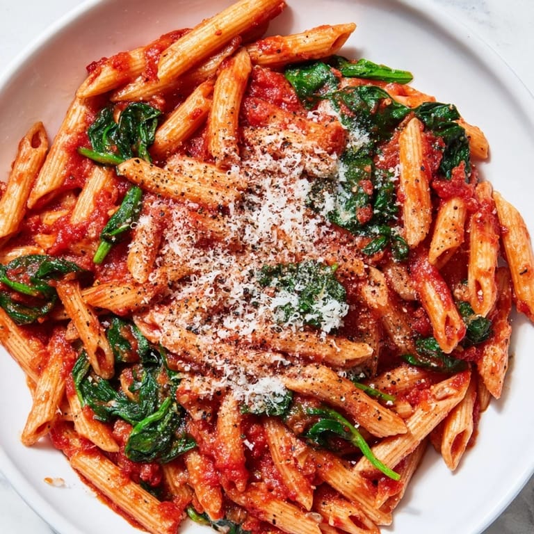 A close-up of Quick Marinara Pasta with Spinach; you can see the flavorful, simmered marinara sauce and fresh basil.