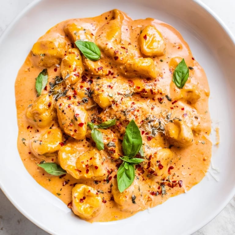 Enjoy a bowl of warm, saucy Creamy Tomato Gnocchi, brimming with deliciousness and Italian flavors.