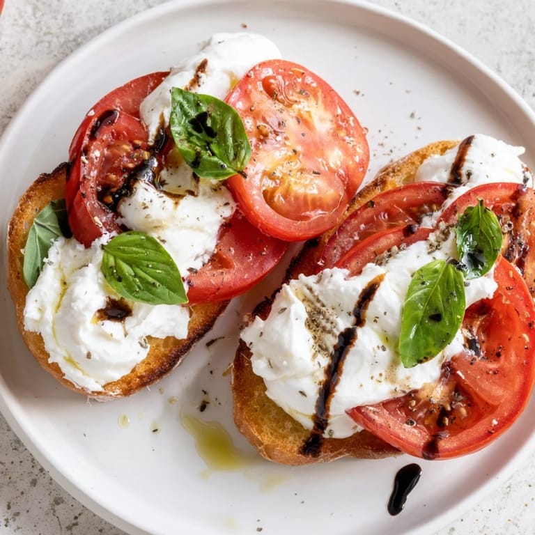 Fresh Tomato Burrata Toast with basil and olive oil, a beautiful, Italian-inspired brunch appetizer.