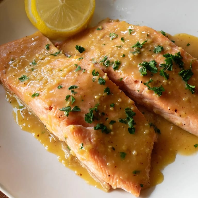 Flaky, tender Honey Mustard Salmon fillets, glistening with sauce, promising delicious flavors within.