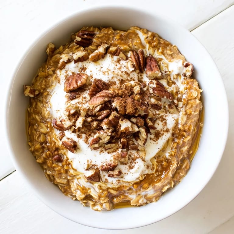 A beautiful close-up of creamy pumpkin spice latte oats, perfect for a cozy fall morning.