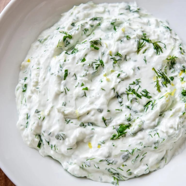 Vibrant shot of creamy Greek Yogurt Herb Dip, speckled with herbs, appealing appetizer for sharing.