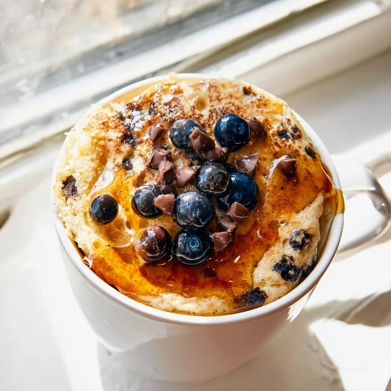 Close-up of a single serving of microwave mug pancakes, a warm, soft texture visible with a drizzle of syrup.