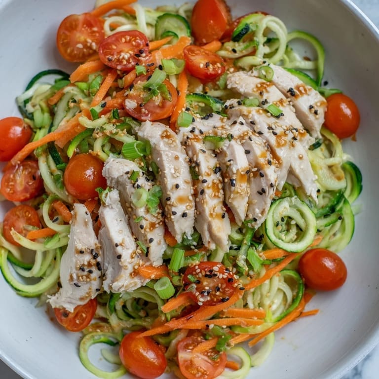 Fresh, vibrant Protein Cucumber Salad: spiralized cucumbers, tomatoes, and glistening grilled chicken.