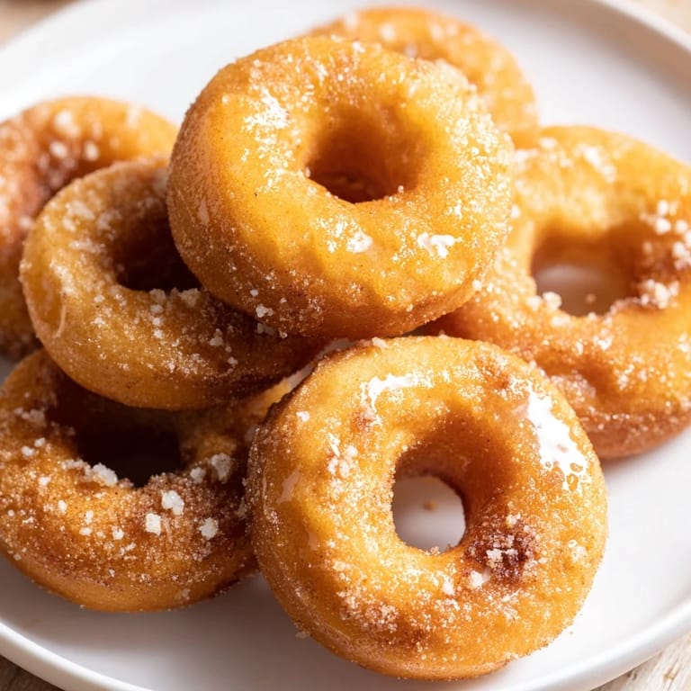 A plate of fluffy, homemade 1-Minute Air Fryer Donuts, light and airy, dusted with cinnamon and sugar.