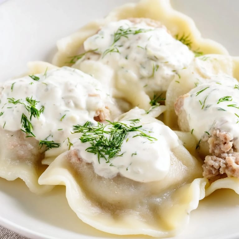A close-up of tender Russian pelmeni, freshly cooked in boiling water, with a savory meat filling.