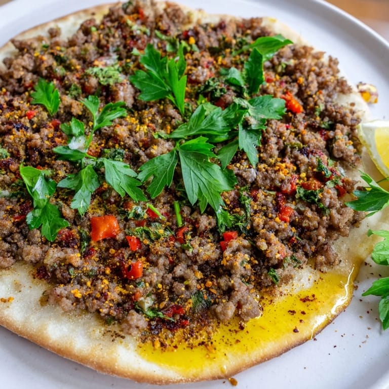 Close up of freshly baked Turkish Lahmacun, a delicious street food perfect for sharing.