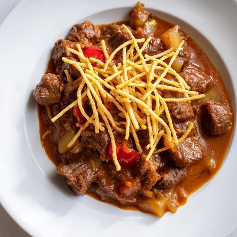 Golden, crispy potato strips top a rich, slow-simmered Czech Goulash for a delicious main course.